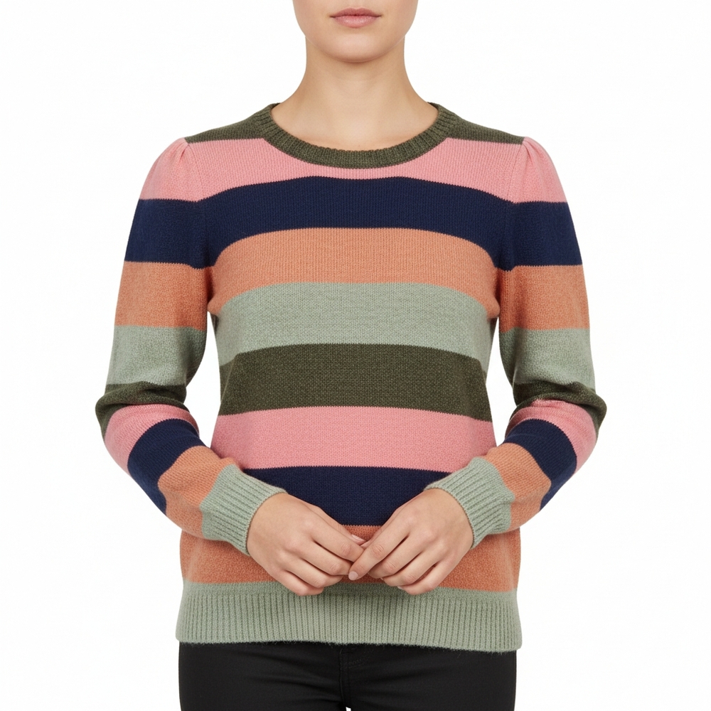 Talbots Striped Crew Neck Sweater in Pink, Green, and Navy